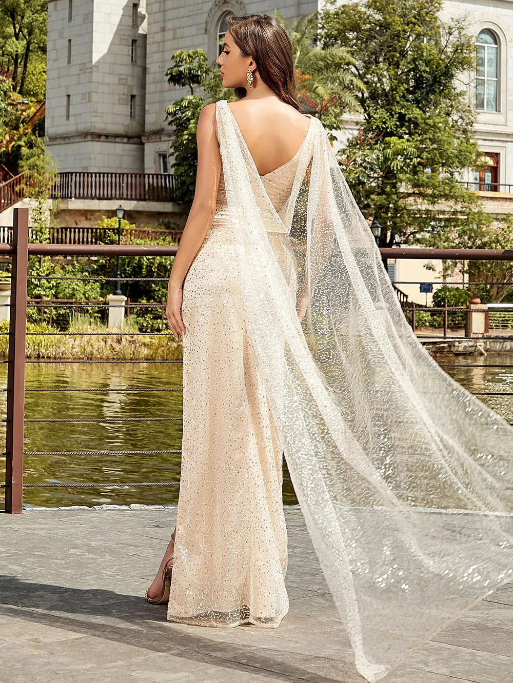V Neck Sleeveless Cape Design Maxi Bodycon Dress HB100032