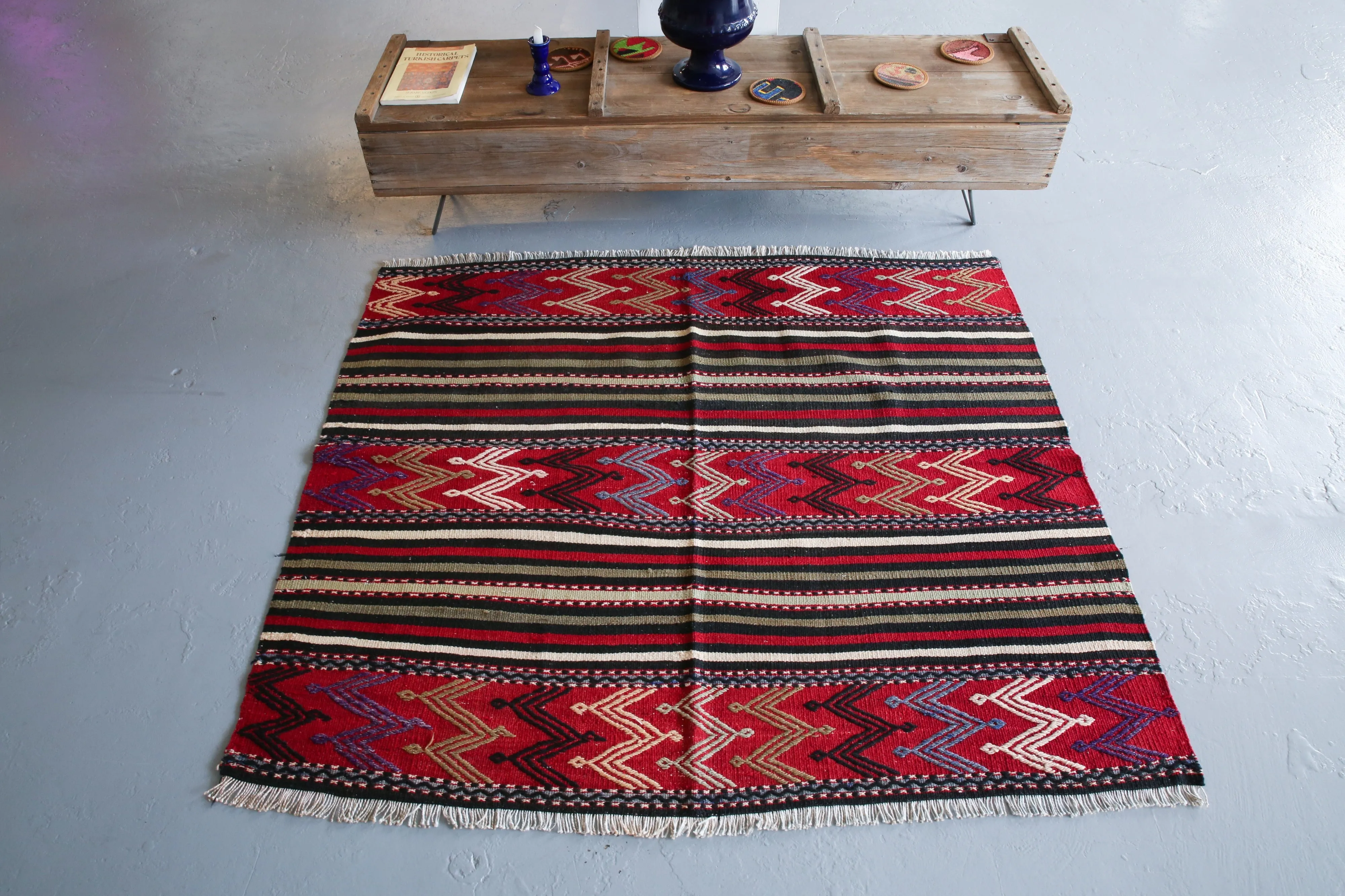 Vintage Mini Turkish Kilim Rug 4ftx4.6ft