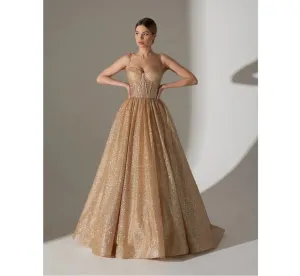 VougeVamp Sequin Spaghetti Strap V-Neck Evening Dress - Floor-Length Draped A-Line Wedding Gown