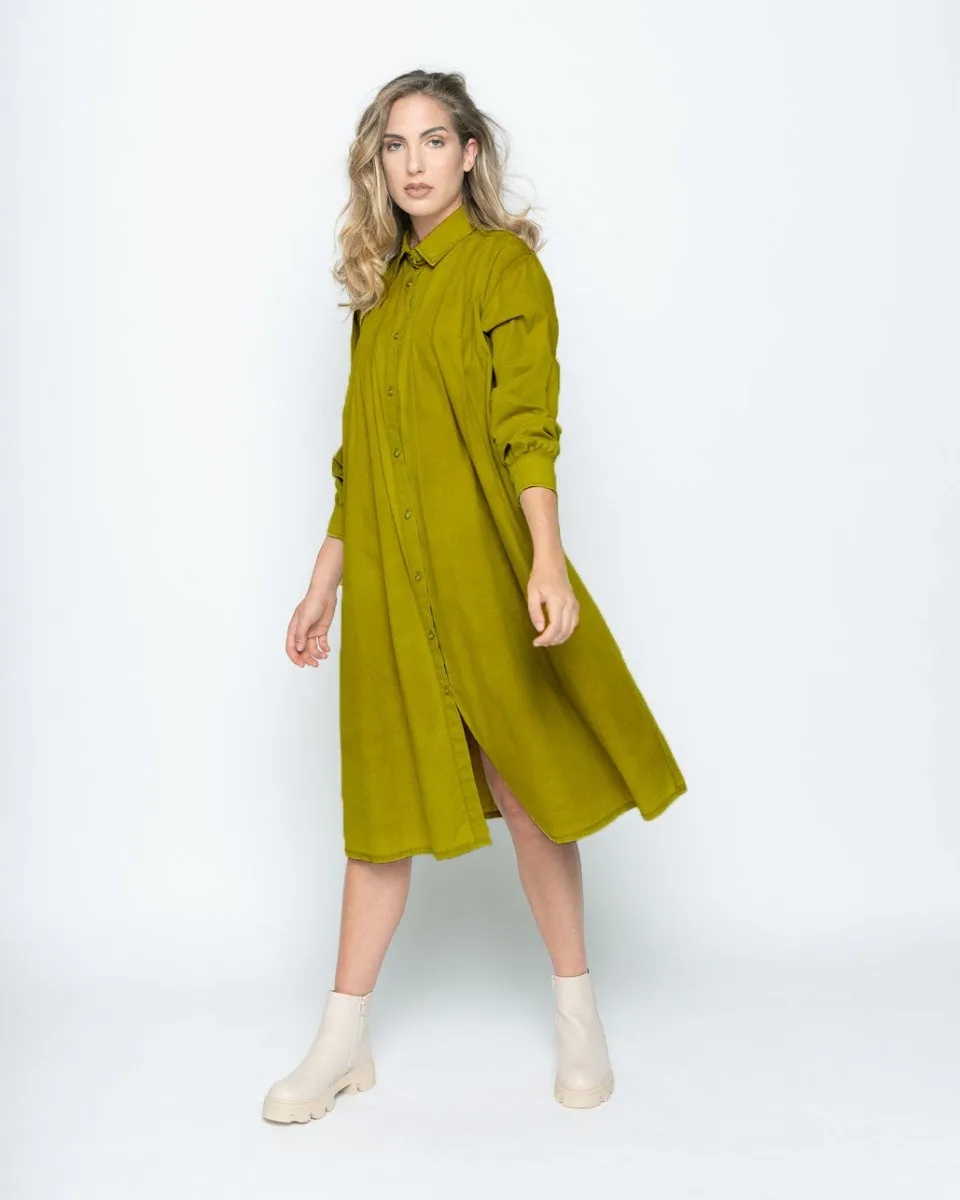 Wash Dyed Pleated Button-Up Shirtdress