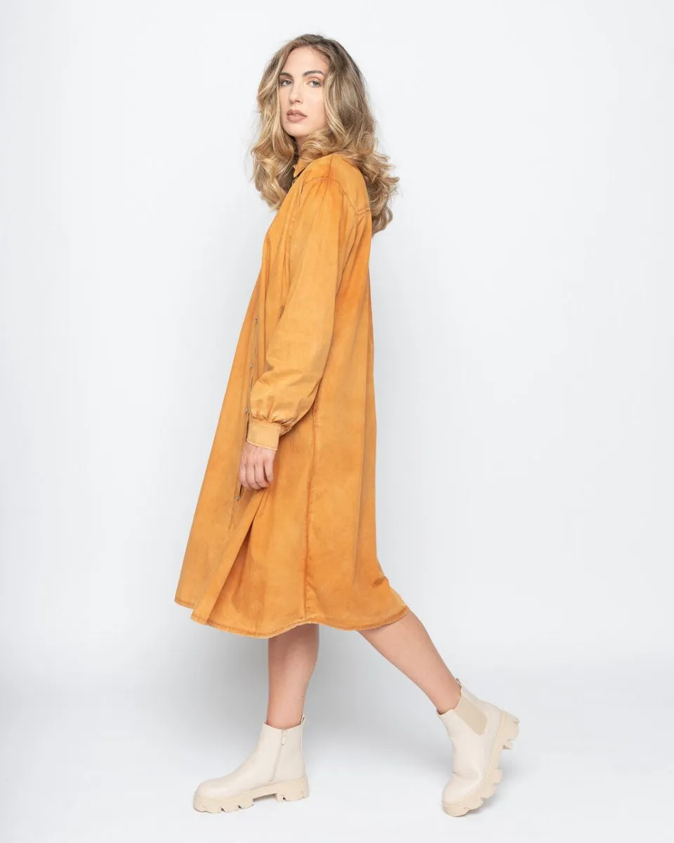Wash Dyed Pleated Button-Up Shirtdress