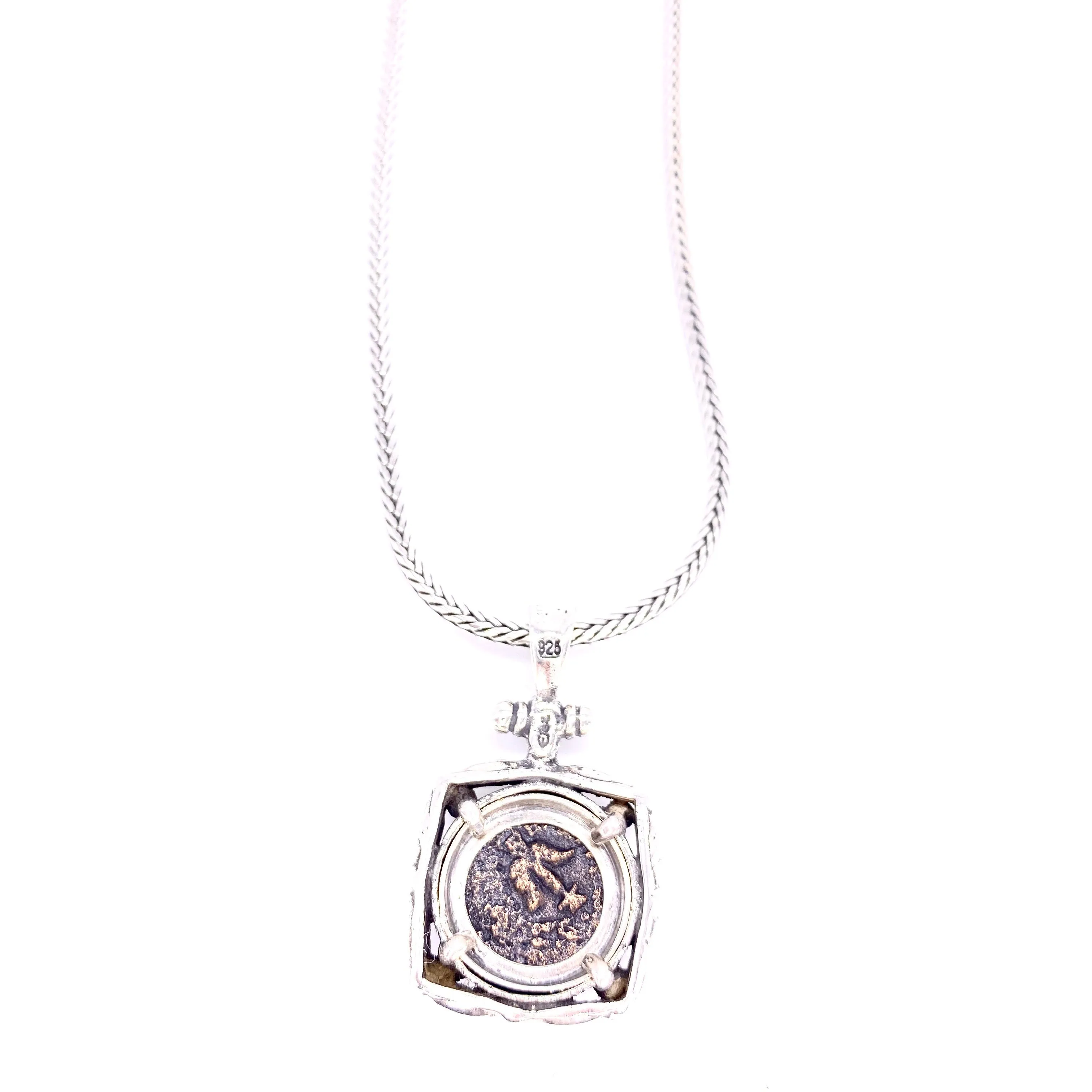Widows Mite Coin Necklace in Sterling Silver Square Mount