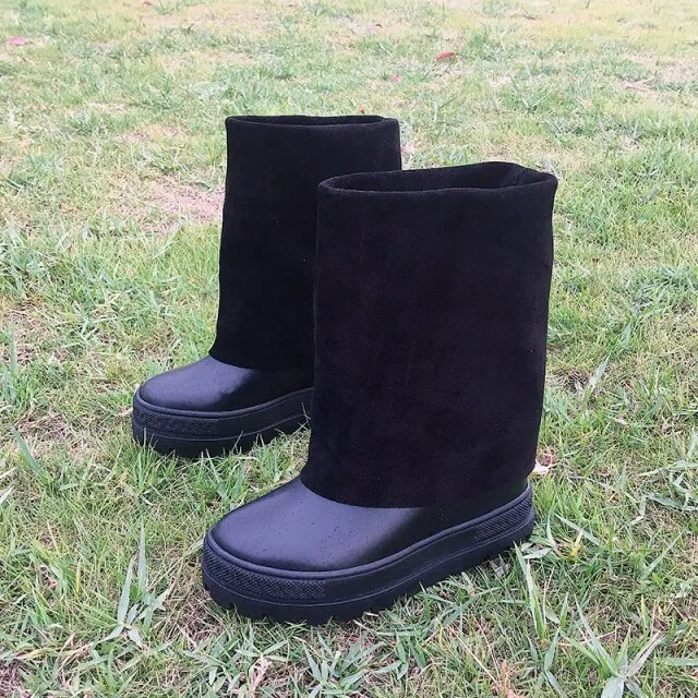 Woman Increased hidden platforms two wear mid-calf boot