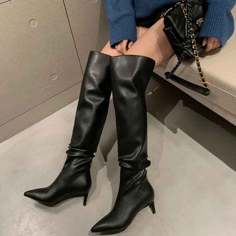 Women cowhide upper pointed toe high heel long skinny boots