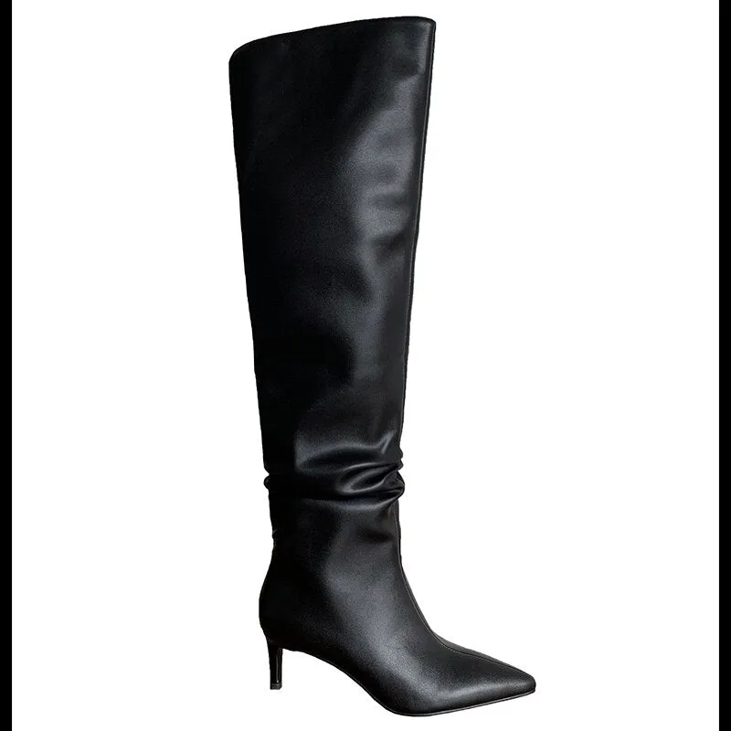 Women cowhide upper pointed toe high heel long skinny boots