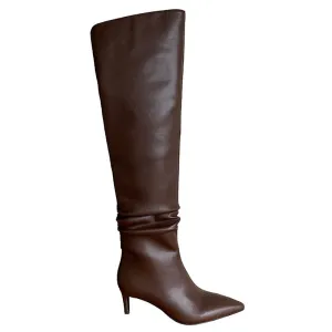 Women cowhide upper pointed toe high heel long skinny boots