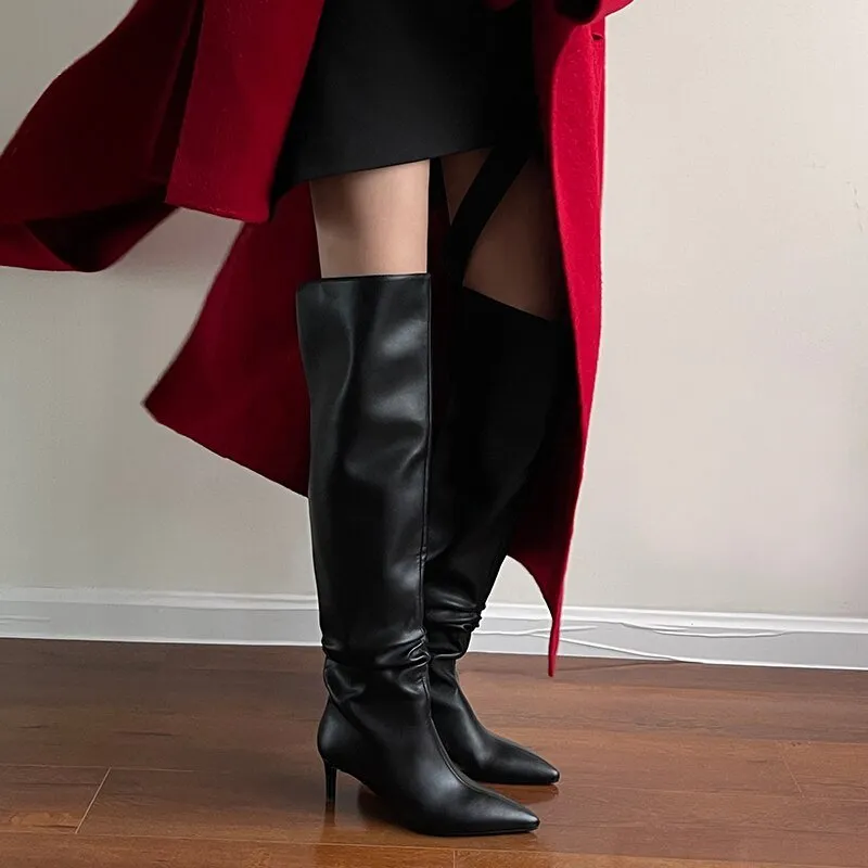 Women cowhide upper pointed toe high heel long skinny boots