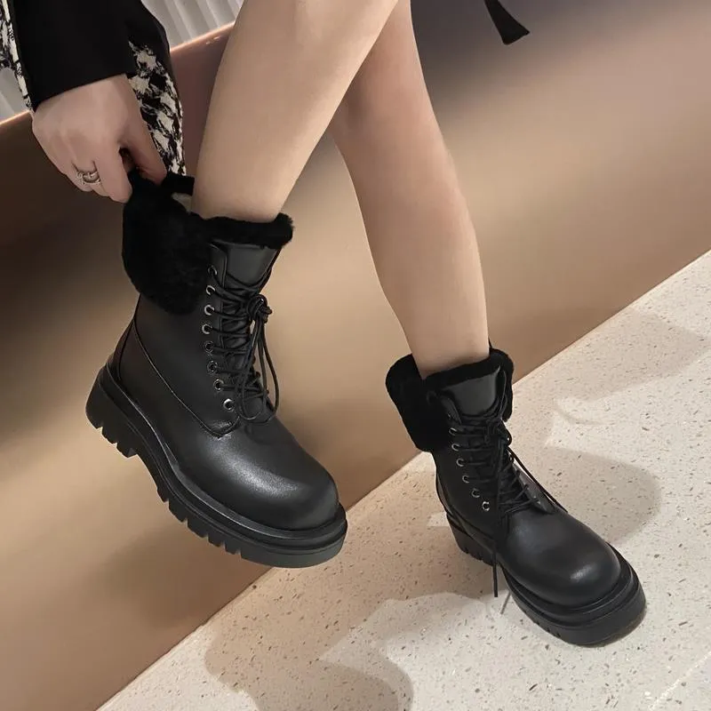 Women Half Short Boots Real Leather Winter Plush Fur Snow Boots
