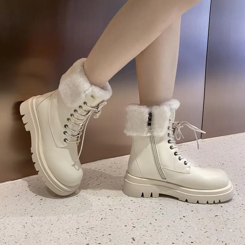 Women Half Short Boots Real Leather Winter Plush Fur Snow Boots