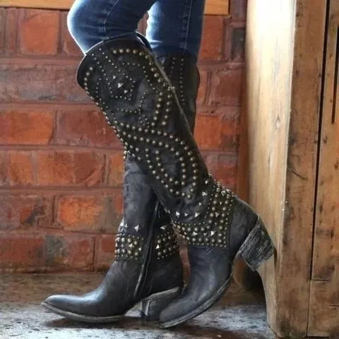 Women Knee High Square Heel Slip-on Western Boots Big Size