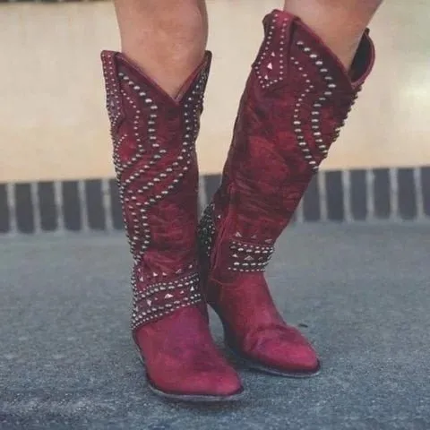 Women Knee High Square Heel Slip-on Western Boots Big Size