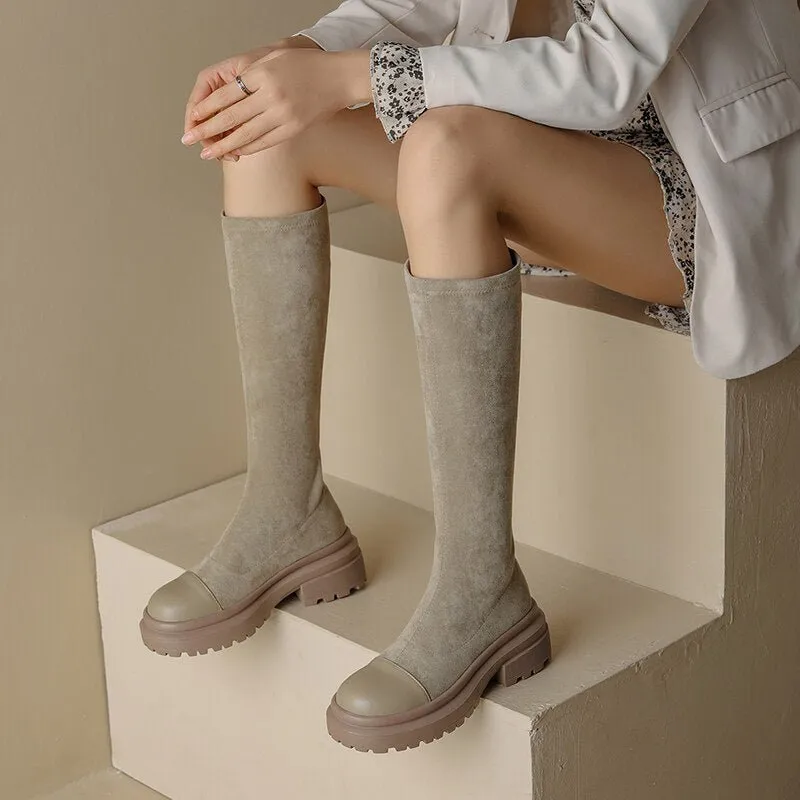 Women natural leather Leather  Elastic flock upper Knight boots