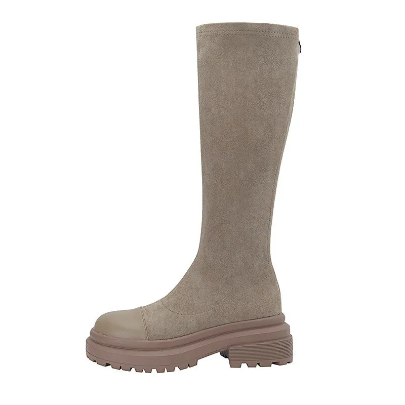 Women natural leather Leather  Elastic flock upper Knight boots