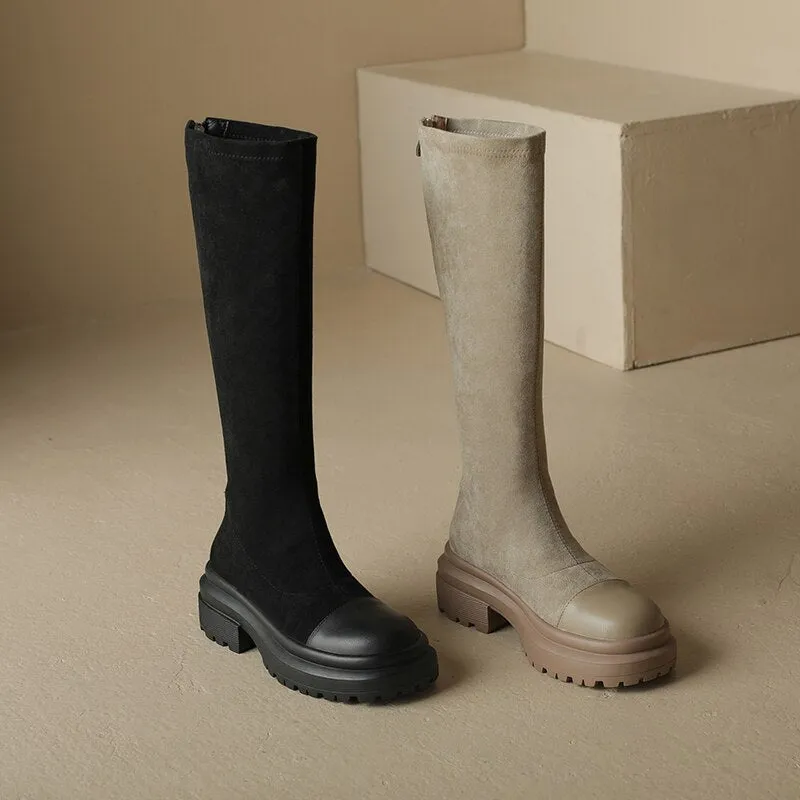 Women natural leather Leather  Elastic flock upper Knight boots
