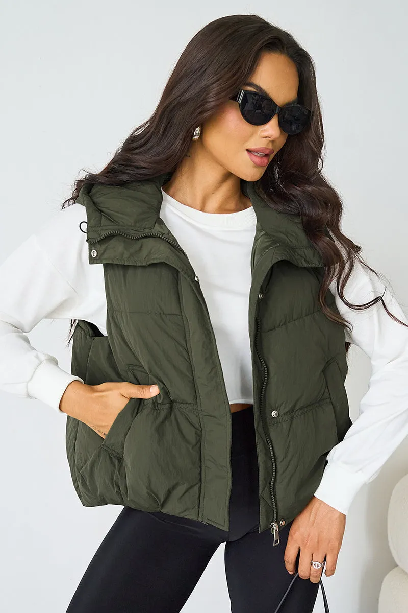 Women's Beige Fall & Winter Street Solid Color Hooded Zip-Up Thermal Vest
