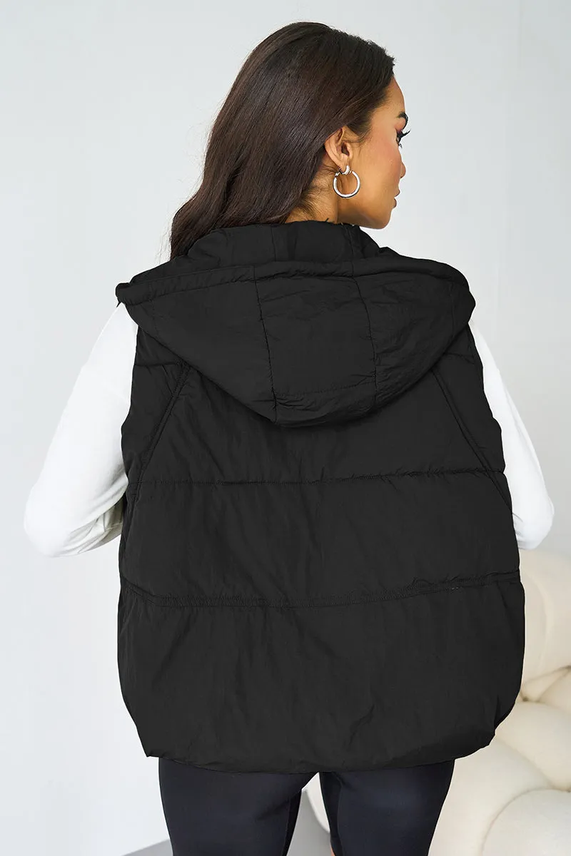 Women's Beige Fall & Winter Street Solid Color Hooded Zip-Up Thermal Vest
