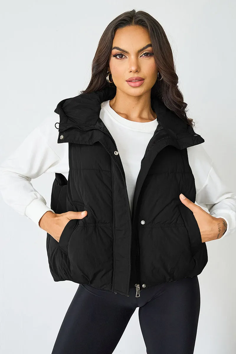 Women's Beige Fall & Winter Street Solid Color Hooded Zip-Up Thermal Vest