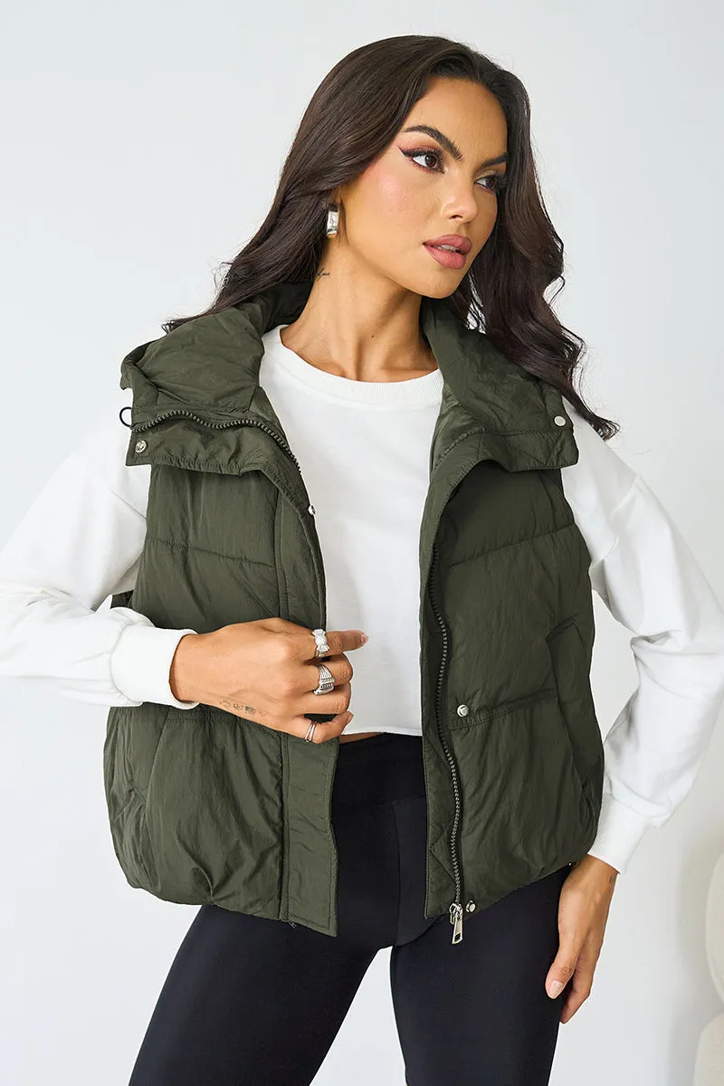 Women's Beige Fall & Winter Street Solid Color Hooded Zip-Up Thermal Vest