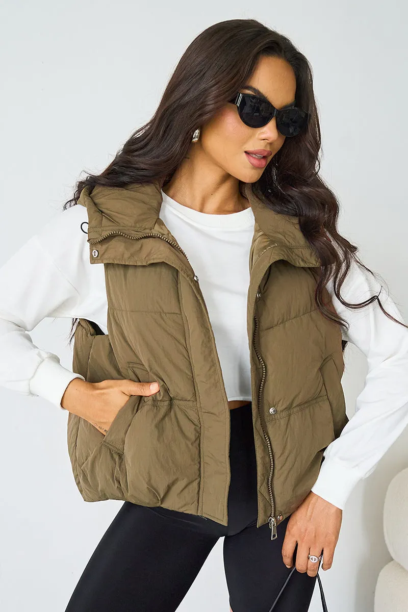 Women's Beige Fall & Winter Street Solid Color Hooded Zip-Up Thermal Vest