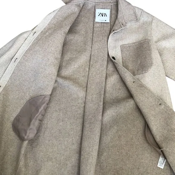 Zara Women Wool Blend Ivory Tan Oversize Button Front Jacket Coat w/Pockets XS