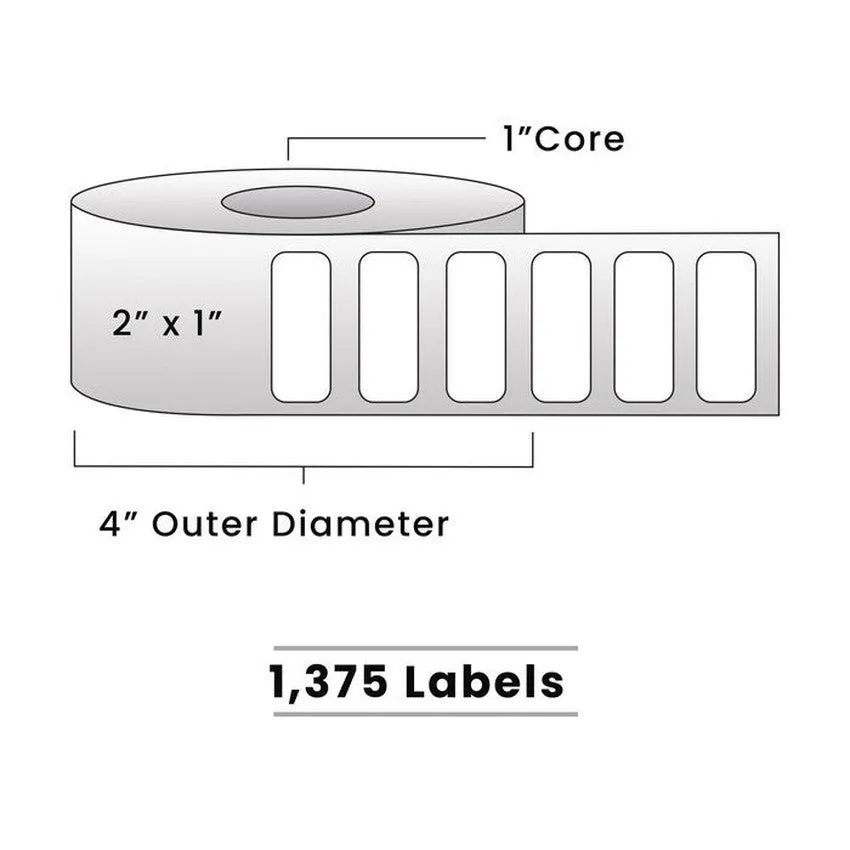 Zebra Direct Thermal Labels - 2" x 1" - 1" Core / 4" Outer Diameter - (1,375 Labels Per Roll)