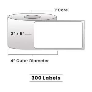 Zebra Direct Thermal Labels - 3" x 5" - 1" Core / 4" Outer Diameter - (300 Labels Per Roll)