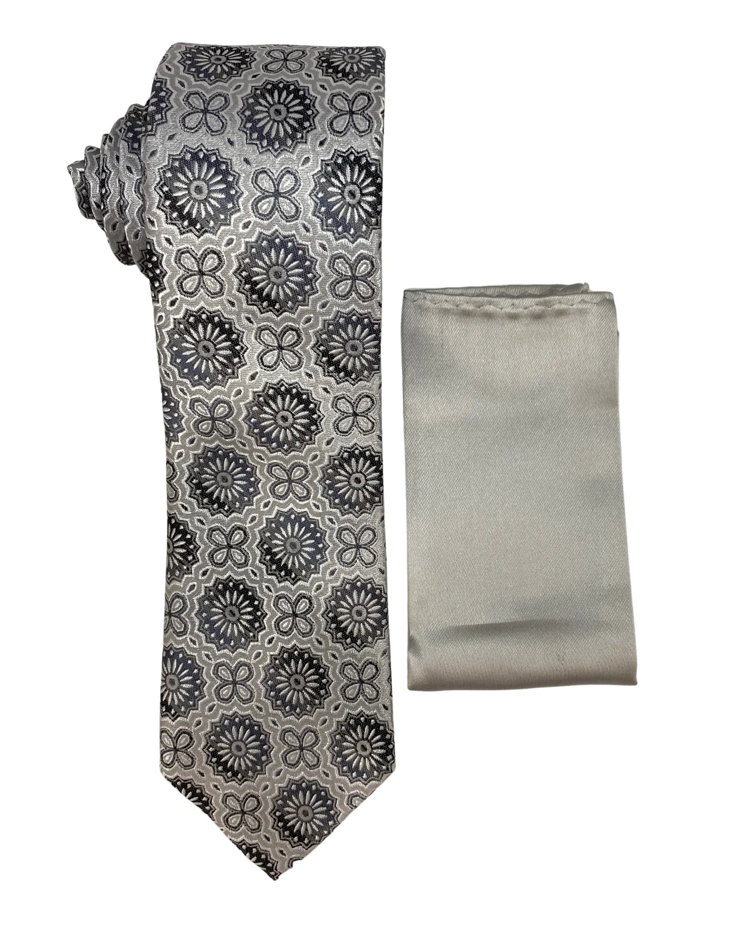 Zenio Geometric Tie and Handkerchief - Silver Gray